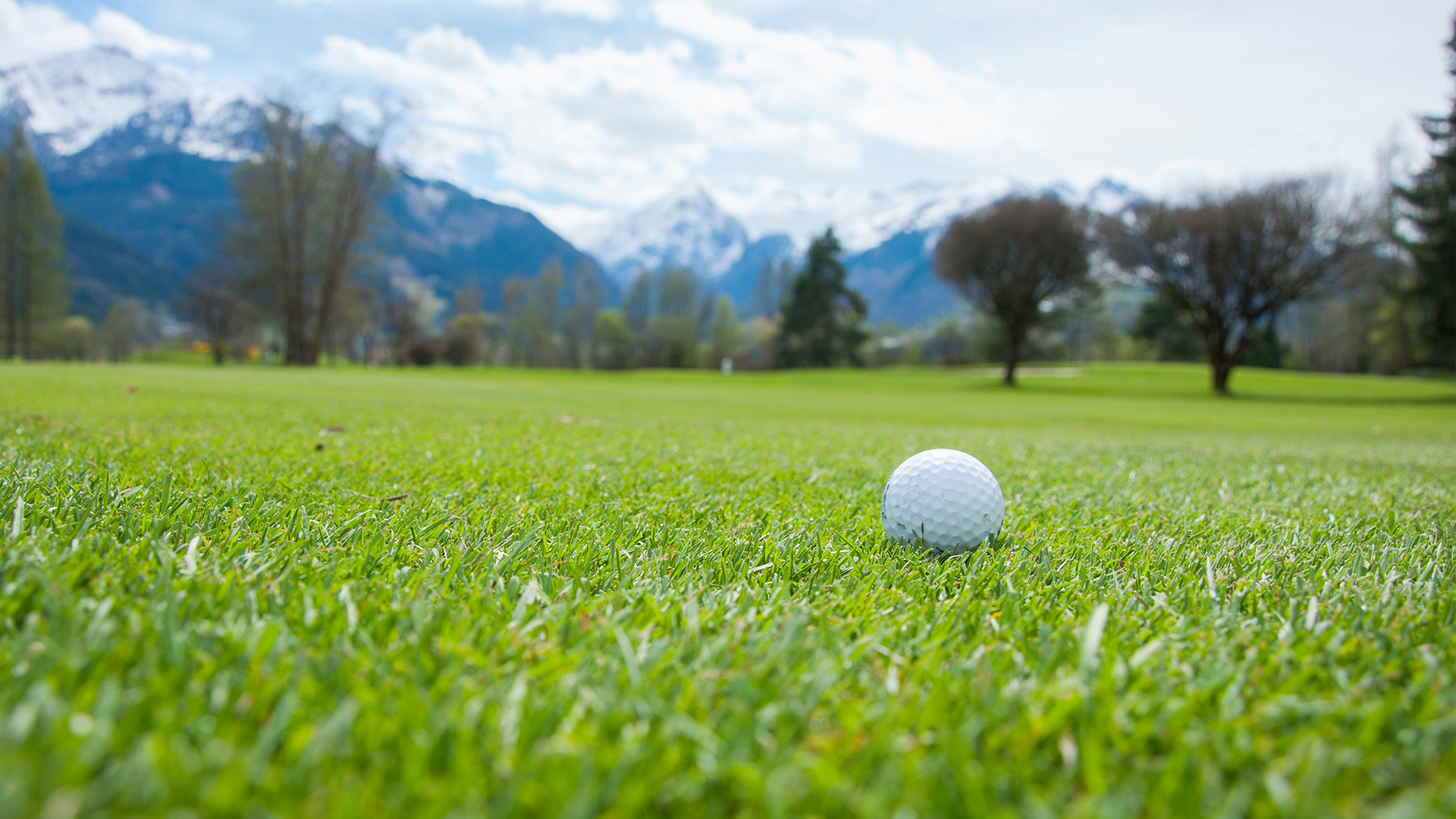 Pallina da golf su un prato verde con panorama montano innevato sullo sfondo.