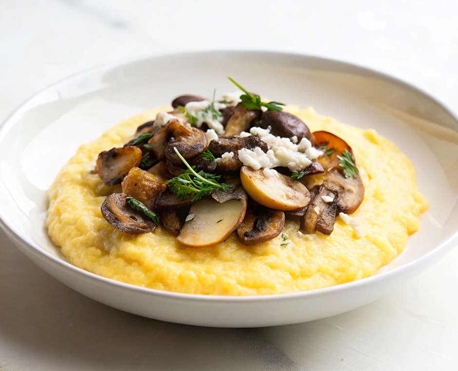 Polenta cremosa condita con funghi saltati in padella ed erbe fresche, servita su un piatto bianco.