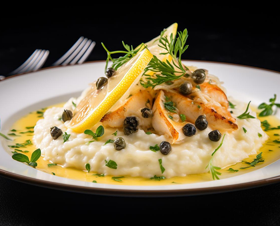 Un piatto con risotto con trota di torrente