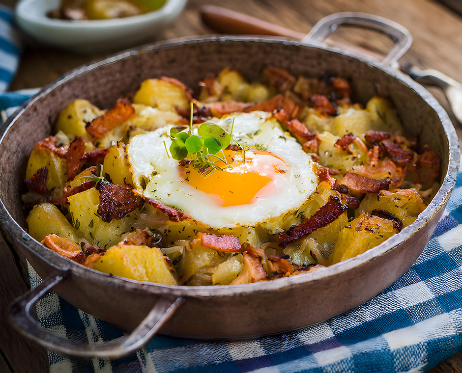 Un piatto con Spiegeleier patate e speck